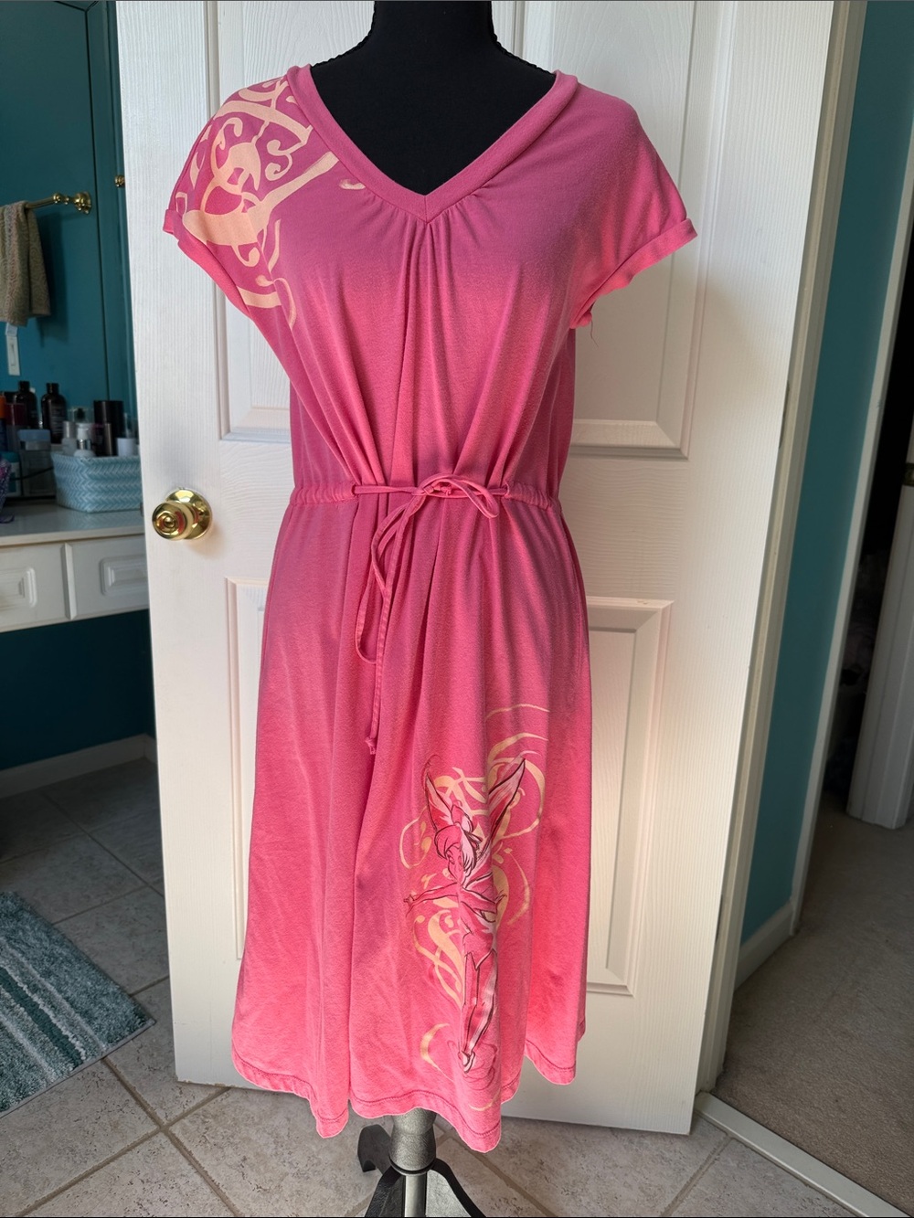 Rare Disney Store Tinker Bell Pink V-Neck Drawstring Knit Casual Dress